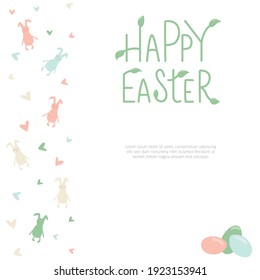 Happy Easter rabbit, bunny minimalistic style with lettering sign and frame. Vector stock illustration isolated on white background for Easter greeting card, template for invitation.