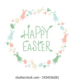 Happy Easter rabbit, bunny minimalistic style with lettering sign and frame. Vector stock illustration isolated on white background for Easter greeting card, template for invitation.