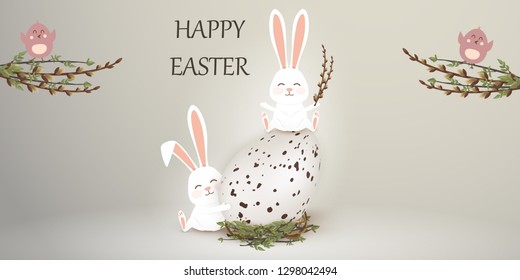 Happy Easter. Easter Rabbit Bunny with realistic egg on gray gackground. Cute, funny cartoon rabbits character with Paschal egg. Design template for Banner, flyer, invitation, greeting card,poster. 