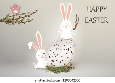 Happy Easter. Easter Rabbit Bunny with realistic egg on gray gackground. Cute, funny cartoon rabbits character with Paschal egg. Design template for Banner, flyer, invitation, greeting card,poster. 