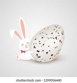 Happy Easter. Easter Rabbit bunny with realistic big egg isolated on gray background. Cute, funny cartoon rabbits character hugs Paschal egg. Vector illustration.