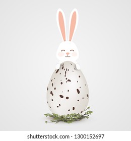 Happy Easter. Easter Rabbit bunny with realistic big egg with spots isolated.  Cute, funny cartoon rabbit character hugs Paschal egg. Festive design element. Concept for greeting card, invitation.