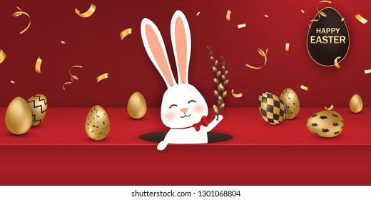 Happy Easter. Easter Rabbit Bunny with realistic eggs on red background. Cute, funny cartoon rabbit character with Paschal egg. Design template for Banner, flyer, invitation, greeting card, poster.