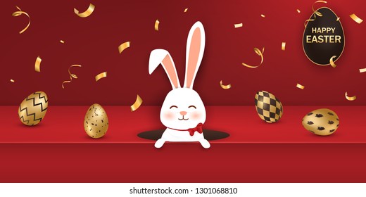 Happy Easter. Easter Rabbit Bunny with realistic eggs on red background. Cute, funny cartoon rabbit character with Paschal egg. Design template for Banner, flyer, invitation, greeting card, poster.