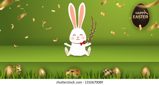 Happy Easter. Easter Rabbit Bunny with realistic eggs on green background. Cute, funny cartoon rabbit character with Paschal egg. Design template for Banner, flyer, invitation, greeting card, poster.