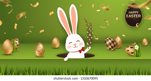 Happy Easter. Easter Rabbit Bunny with realistic eggs on green background. Cute, funny cartoon rabbit character with Paschal egg. Design template for Banner, flyer, invitation, greeting card, poster.