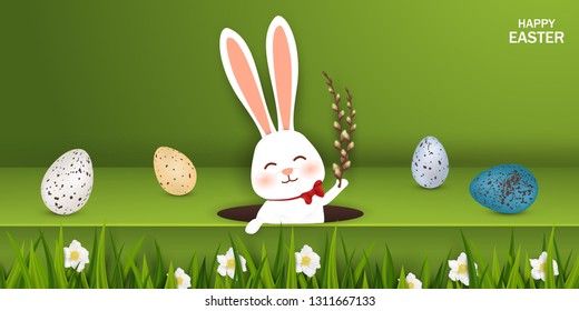 Happy Easter. Easter Rabbit Bunny with realistic eggs on green background. Cute, funny cartoon rabbit character with Paschal egg. Design template for Banner, flyer, invitation, greeting card, poster.