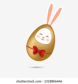 Happy Easter. Easter Rabbit Bunny in an realistic egg isolated. Cute, funny cartoon rabbit character with gold Paschal egg, red ribbon bow. Design template for Banner, flyer, invitation, poster, card