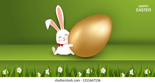 Happy Easter. Easter Rabbit Bunny with realisticgold egg, grass, flowers on green background. Cute, funny cartoon rabbit character with Paschal egg. Design template for Banner, flyer, invitation, card