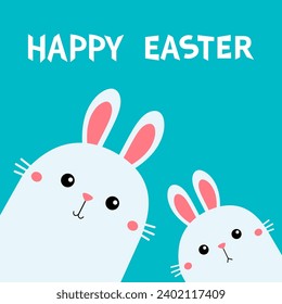 Happy Easter. Rabbit bunny set. Face head in the corner. Cute cartoon kawaii baby character. Funny friends. Farm animal. Long ears. Blue background. Flat design. Vector illustration