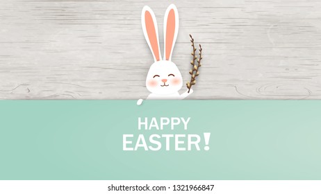 Happy Easter. Easter Rabbit Bunny standing behind a blank sign, showing on big sign. Smiling Cute, funny cartoon rabbit character. Design template for Banner, flyer, invitation, greeting card, poster.