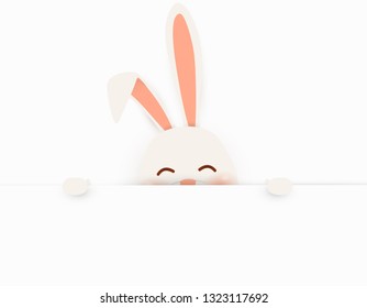 Happy Easter. Easter Rabbit Bunny standing behind a blank sign, showing on big blank sign. Cute, funny cartoon rabbit character with white copy space. vector illustration.