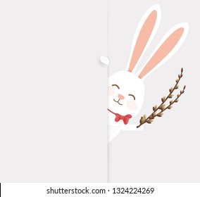 Happy Easter. Easter Rabbit Bunny standing behind a blank sign, showing on big blank sign. Cute, funny cartoon rabbit character with white copy space. vector illustration