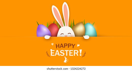 Happy Easter. Easter Rabbit Bunny standing behind a blank sign, showing on big sign. Cute cartoon rabbit character with Paschal egg. vector Design template for Banner, flyer, invitation, card, poster.