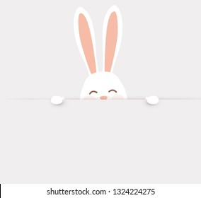 Happy Easter. Easter Rabbit Bunny standing behind a blank sign, showing on big blank sign. Cute, funny cartoon rabbit character with white copy space. vector illustration