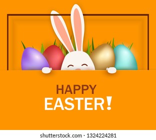 Happy Easter. Easter Rabbit Bunny standing behind a blank sign, showing on big sign. Cute cartoon rabbit character with Paschal egg. vector Design template for Banner, flyer, invitation, card, poster.
