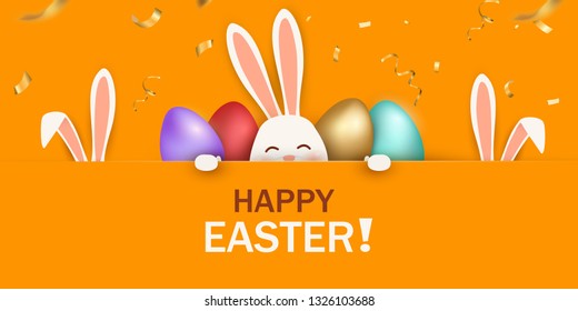 Happy Easter. Easter Rabbit Bunny standing behind a blank sign, showing on big sign. Cute cartoon rabbit character with Paschal egg. Design template for Banner, flyer, invitation, card, poster.