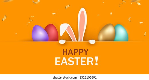 Happy Easter. Easter Rabbit Bunny standing behind a blank sign, showing on big sign. Cute cartoon rabbit character with Paschal egg. Design template for Banner, flyer, invitation, card, poster.