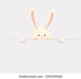 Happy Easter. Easter Rabbit Bunny standing behind a blank sign, showing on big blank sign. Cute, funny cartoon rabbit character with white copy space. vector illustration.