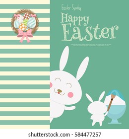 Happy Easter Rabbit Bunny and Wreath on Blue Background. Vector Illustration.