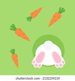 Happy Easter rabbit butt in hole, bunny with and carrots greeting card. Symbol 2023 New Year. Vector illustration