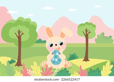 Happy Easter with rabbit card and cute landscape. Vector illustration