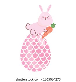 happy easter rabbit with carrot in big egg decoration vector illustration