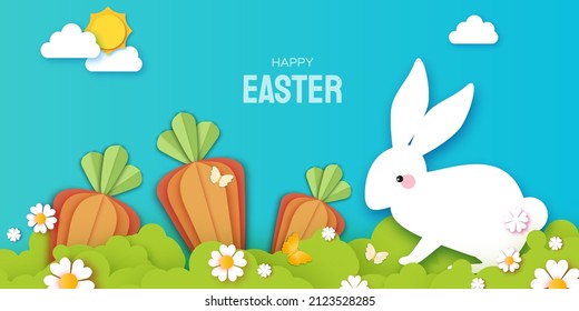 Happy Easter Rabbit with carrot. Cute white rabbits in paper cut style. Bunny, flowers and butterfly. Spring holidays in modern style. Easter Egg Hunt with egg hunt. Spring scene.