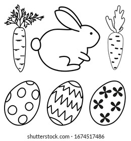 Happy Easter, rabbit, carrot, painted eggs. Set of hand drawn elements for easter design. Vector outline hand drawing isolated on white background. Doodle coloring book for children in a minimal style