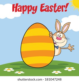 Happy Easter From Rabbit Cartoon Character Waving Behind Egg. Vector Illustration 