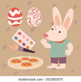 Happy easter rabbit cartoon with eggs paint palette and cookies design, Spring decoration holiday and season theme Vector illustration