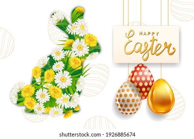 Feliz Conejo de Pascua desde coloridas flores de primavera chamóile, dientes de león, plantilla de pancarta de huevos de colores, letras. Huevos pintados y decorados con un brillo realista. Afiche de las fiestas de primavera