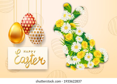 Feliz Conejo de Pascua desde coloridas flores de primavera chamóile, dientes de león, plantilla de pancarta de huevos de colores, letras. Huevos pintados y decorados con un brillo realista. Afiche de las fiestas de primavera