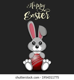 Happy Easter. Easter Rabbit with cricket ball on an isolated background. Pattern for greeting card, banner, poster, invitation. Vector illustration