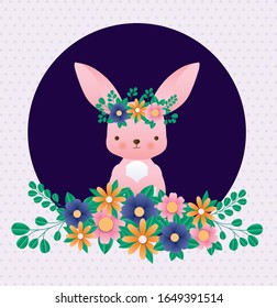 Happy easter rabbit with crown flowers over pointed background design, Spring decoration holiday greeting ornament celebration festive season tradition and festival theme Vector illustration
