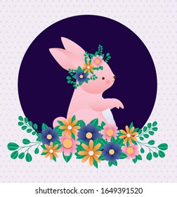 Frohe Osterkaninchen mit Kronblumen auf spitzem Hintergrund Design, Frühlingsdekoration Feiertagsgrußfest Festsaisontradition und Vektorillustration des Festivals