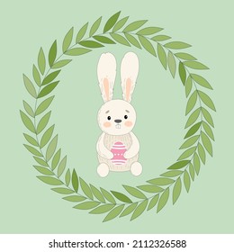 Happy Easter rabbit Cute carton character Rabbit bunny with flower wreath in hand drawn doodle style. Colorful Easter card print element. Kids illustration. Happy Easter text. Isolated poster.