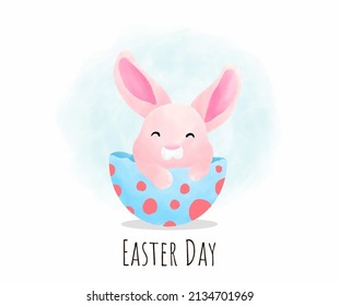 Happy easter rabbit in decorative easter egg vector illustration. Easter card in water color style