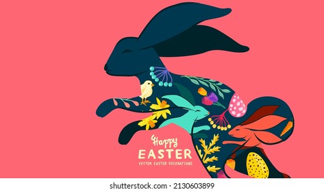 Happy easter rabbit design decorated with spring and easter elements. Vector illustration.