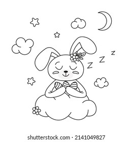 Happy Easter rabbit in doodle style. Cute outline rabbit, bunny for coloring. Rabbit Bunny Cartoon Outline Coloring Book or page for kids. Illustration Vector. 