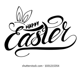 Happy Easter with rabbit ear  handwritten lettering card  