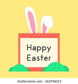 happy easter with rabbit ears and bushes. concept of festival, catholic feast, surprise, interactive postcard. isolated on yellow background. flat style trendy modern design eps10 vector illustration