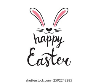 Happy easter rabbit ears emblem colorful concept design, easter hand drawn doodle lettering banner with bunny ears isolated on white background. Vector illustration