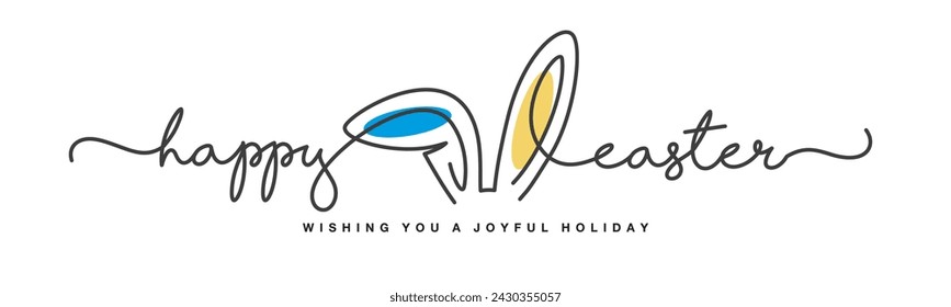 Happy Easter. Easter rabbit ears in the middle of handwritten calligraphy lettering line design on a white background