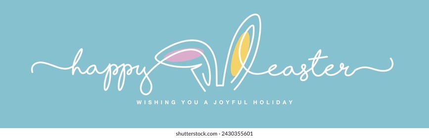 Happy Easter. Easter rabbit ears in the middle of handwritten calligraphy lettering line design on a sea green background