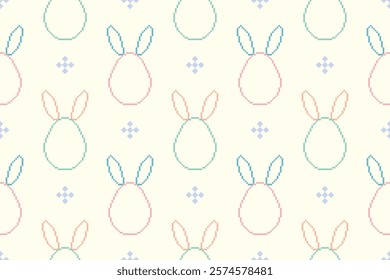 Happy easter.Egg with rabbit ears pixel seamless pattern style.Cute colorful texture embroidery,cross stich,ethnic design for spring holiday,festival,celebration,event,prin product,fabric,fashion