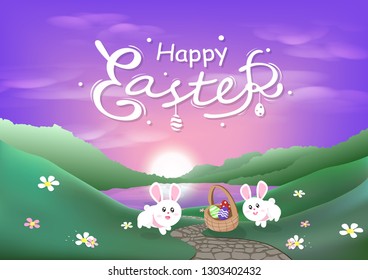 Happy Easter, rabbit and egg in basket, sunset, spring season calligraphy, cute cartoon purple, pink, pastel abstract background vector illustration