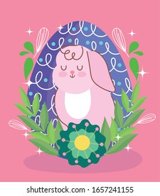happy easter rabbit with egg behind flowers leaves decoration vector illustration