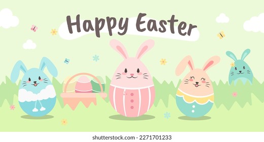Happy Easter rabbit egg cartoon celebration holiday egg hunt party invitation card banner poster design illustration vector. Soft pastel color.