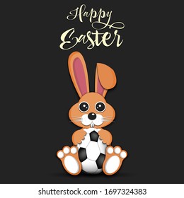 Happy Easter. Rabbit with easter egg decorated in the form of a soccer ball on an isolated background. Pattern for greeting card, banner, poster, invitation. Vector illustration